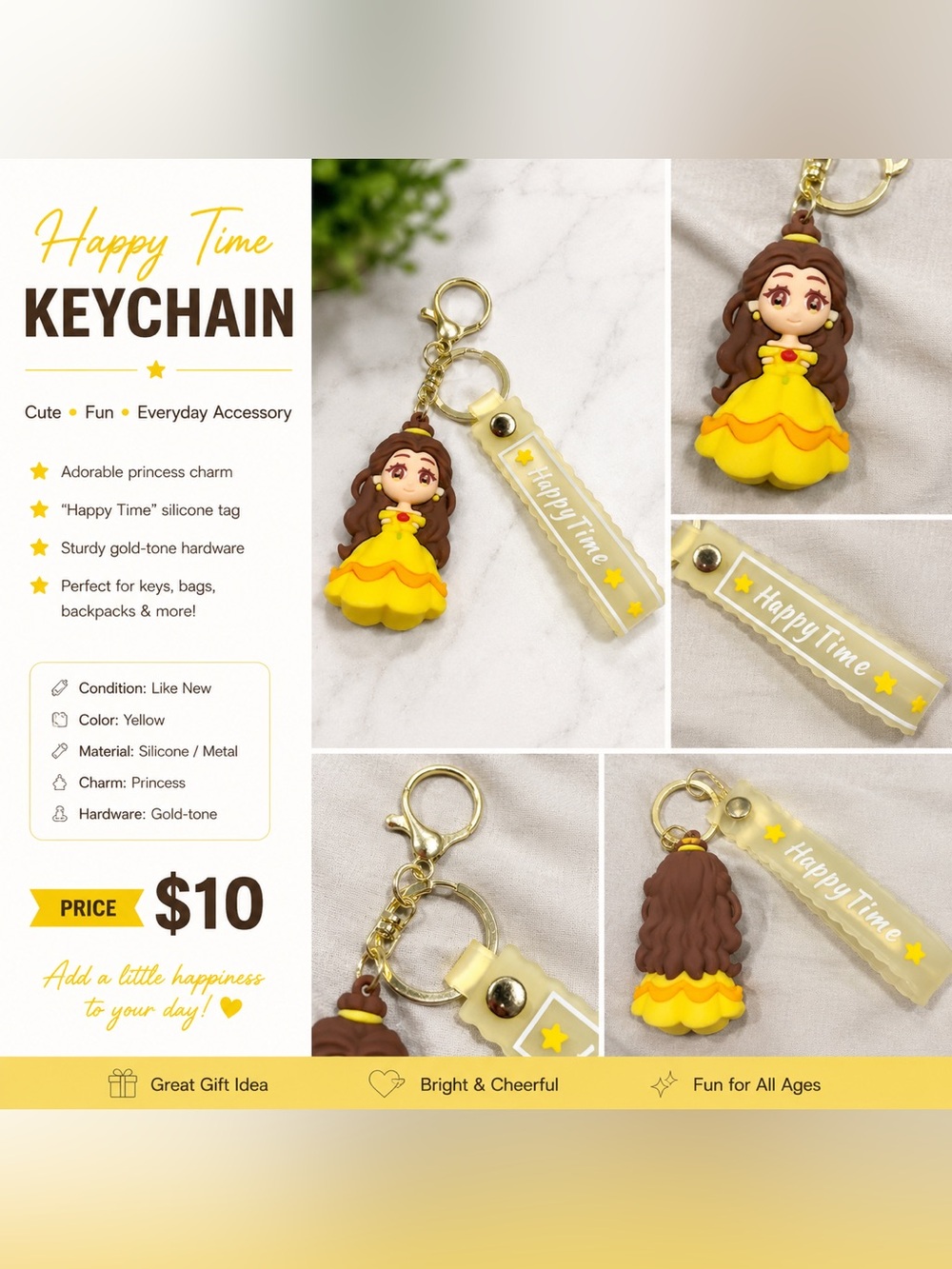 Disney Princess Belle-Inspired Silicone Keychain Charm – Happy Time Strap